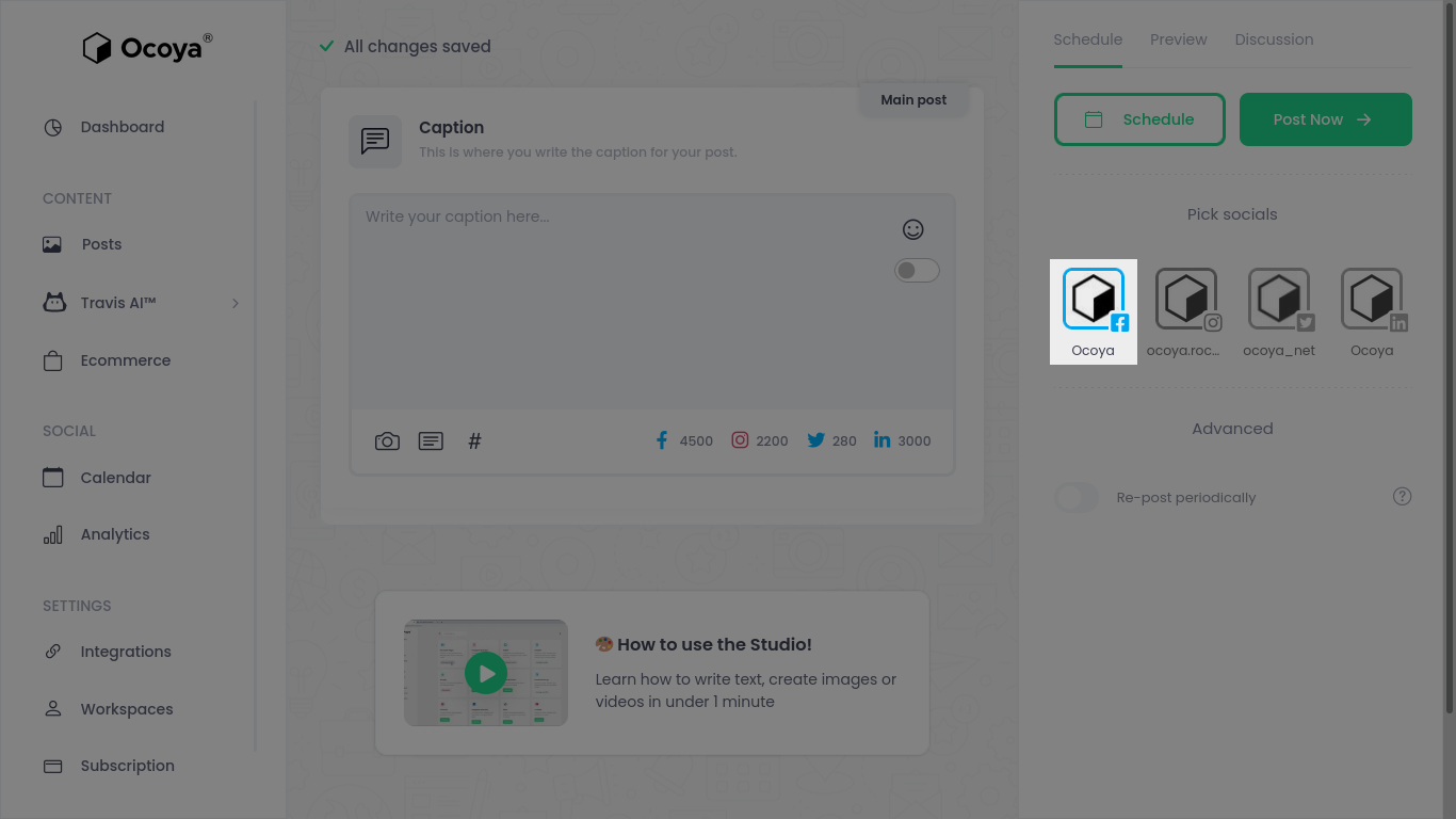 Select the social network to post to in Ocoya