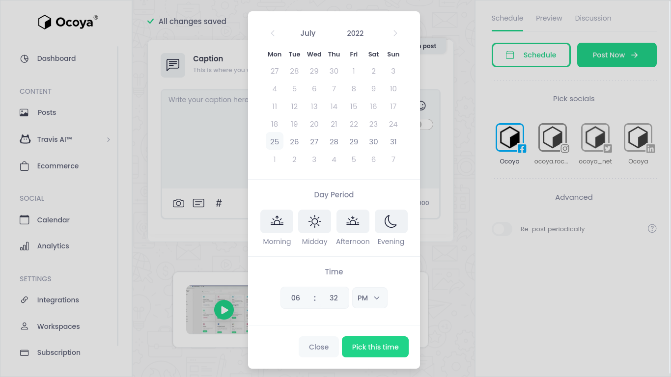Pick a time and date you want to schedule a post in Ocoy