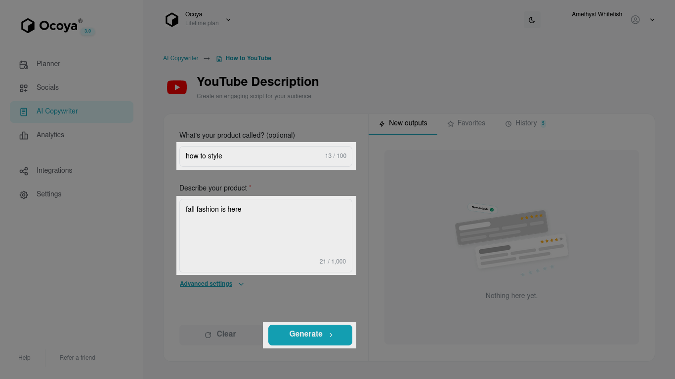 Give Ocoya some basic information and let it generate a Youtube description for you