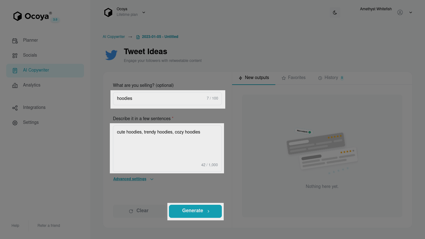 Answer a couple of basic questions for Ocoya  generate tweet ideas